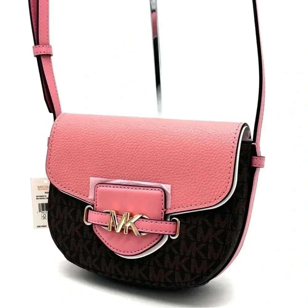 Michael Kors Small Reed Leather Saddle Crossbody Bag Brown/Pink (NWT) - Picture 3 of 12